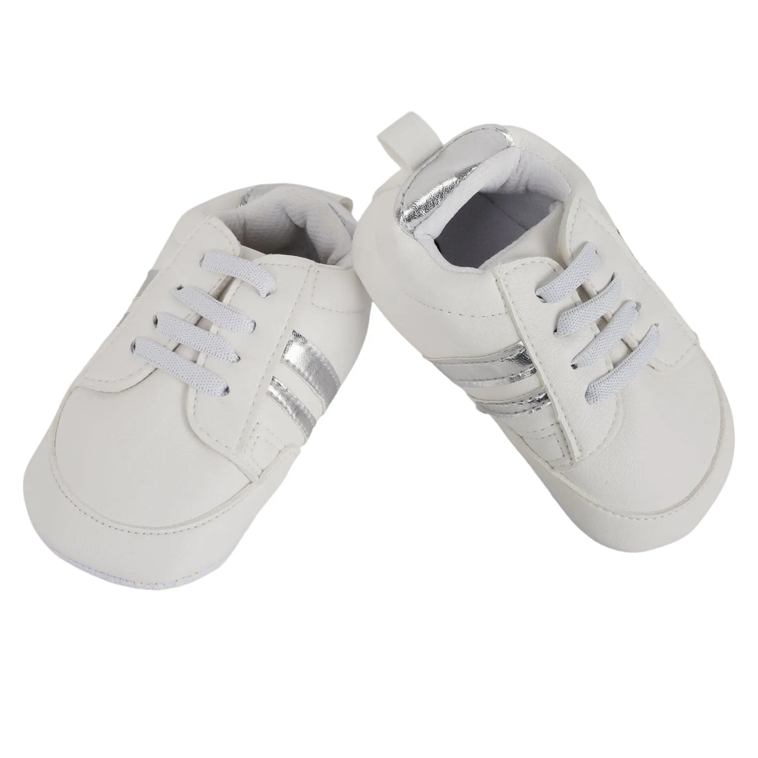 Baby Moo Metallic Silver Striped White Sneakers