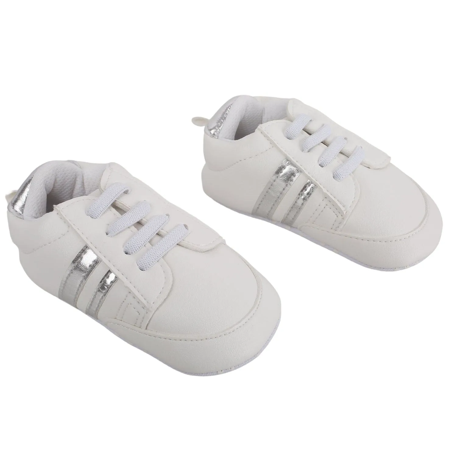 Baby Moo Metallic Silver Striped White Sneakers