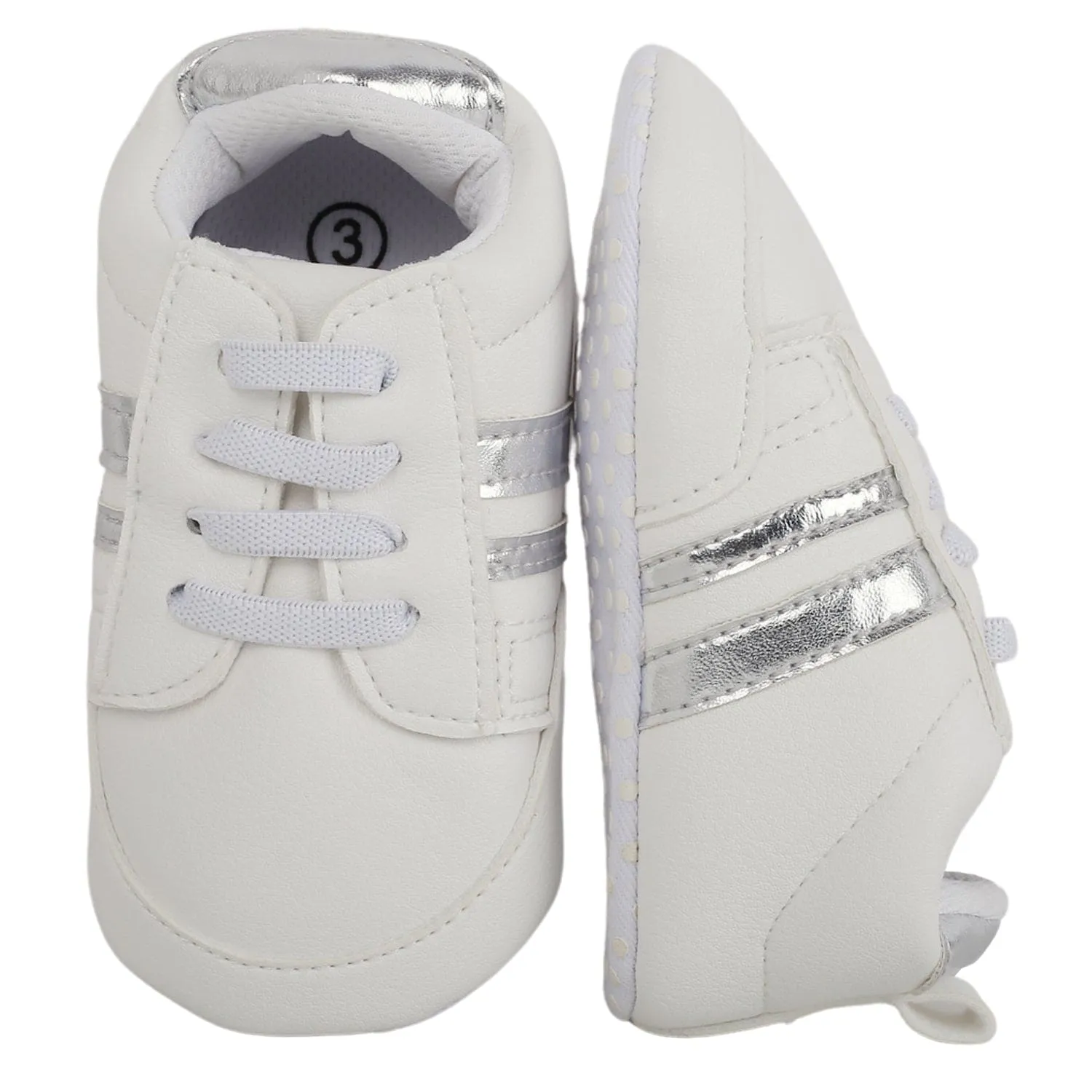 Baby Moo Metallic Silver Striped White Sneakers