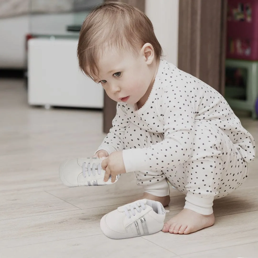 Baby Moo Metallic Silver Striped White Sneakers