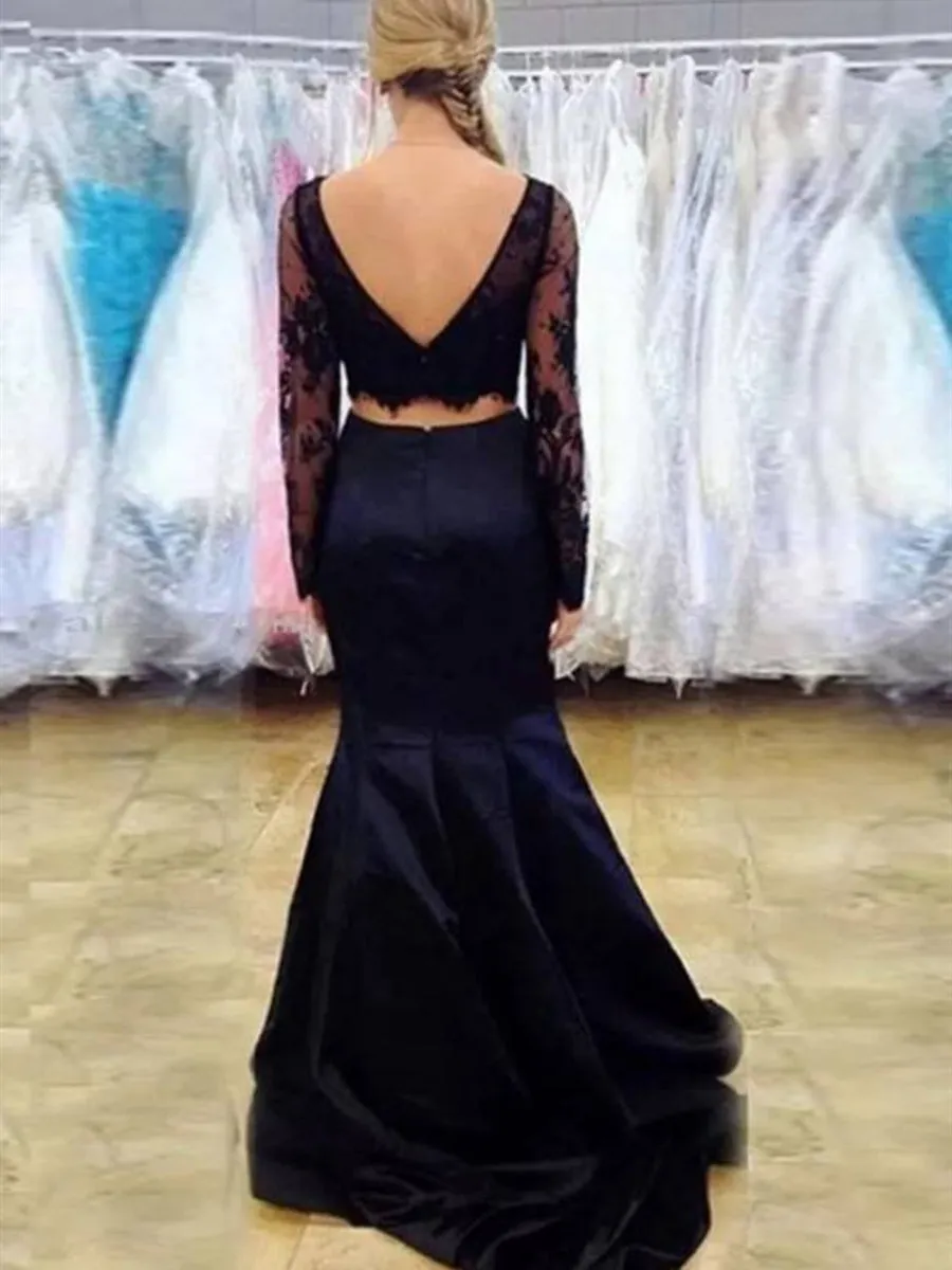 Long Sleeves Mermaid Scoop Neck Two Pieces Lace Black Prom, Long Sleeves Black Formal, Black Two Pieces Lace Evening