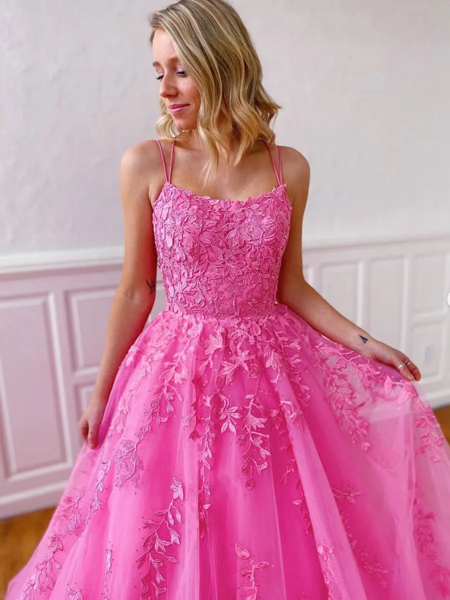 Stylish Backless Pink Lace Long Prom, Pink Lace Formal Graduation Evening
