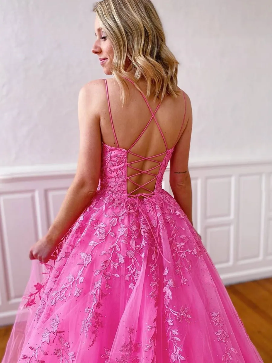 Stylish Backless Pink Lace Long Prom, Pink Lace Formal Graduation Evening