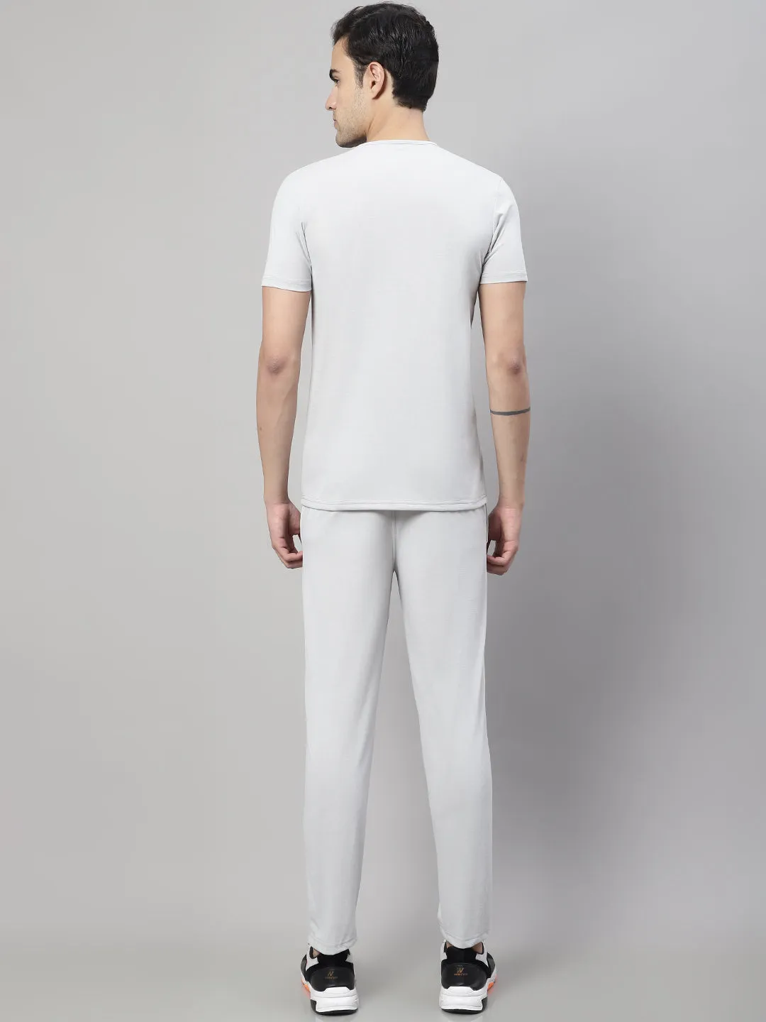 Vimal Jonney Light Grey Cotton Printed Co-ord Set Tracksuit For Men(Zip On 1 Side Pocket)