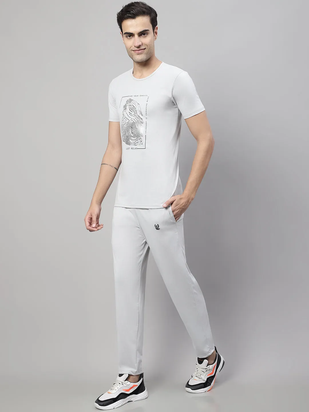 Vimal Jonney Light Grey Cotton Printed Co-ord Set Tracksuit For Men(Zip On 1 Side Pocket)