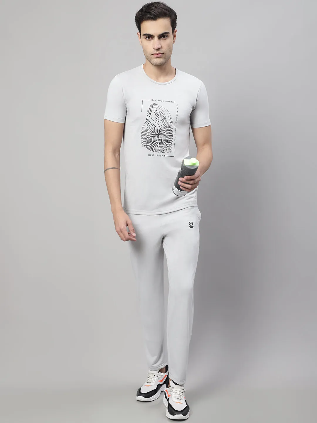 Vimal Jonney Light Grey Cotton Printed Co-ord Set Tracksuit For Men(Zip On 1 Side Pocket)