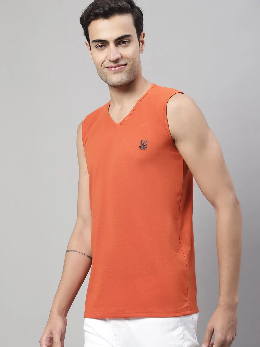 Vimal Jonney Regular Fit Cotton Solid Rust Gym Vest for Men