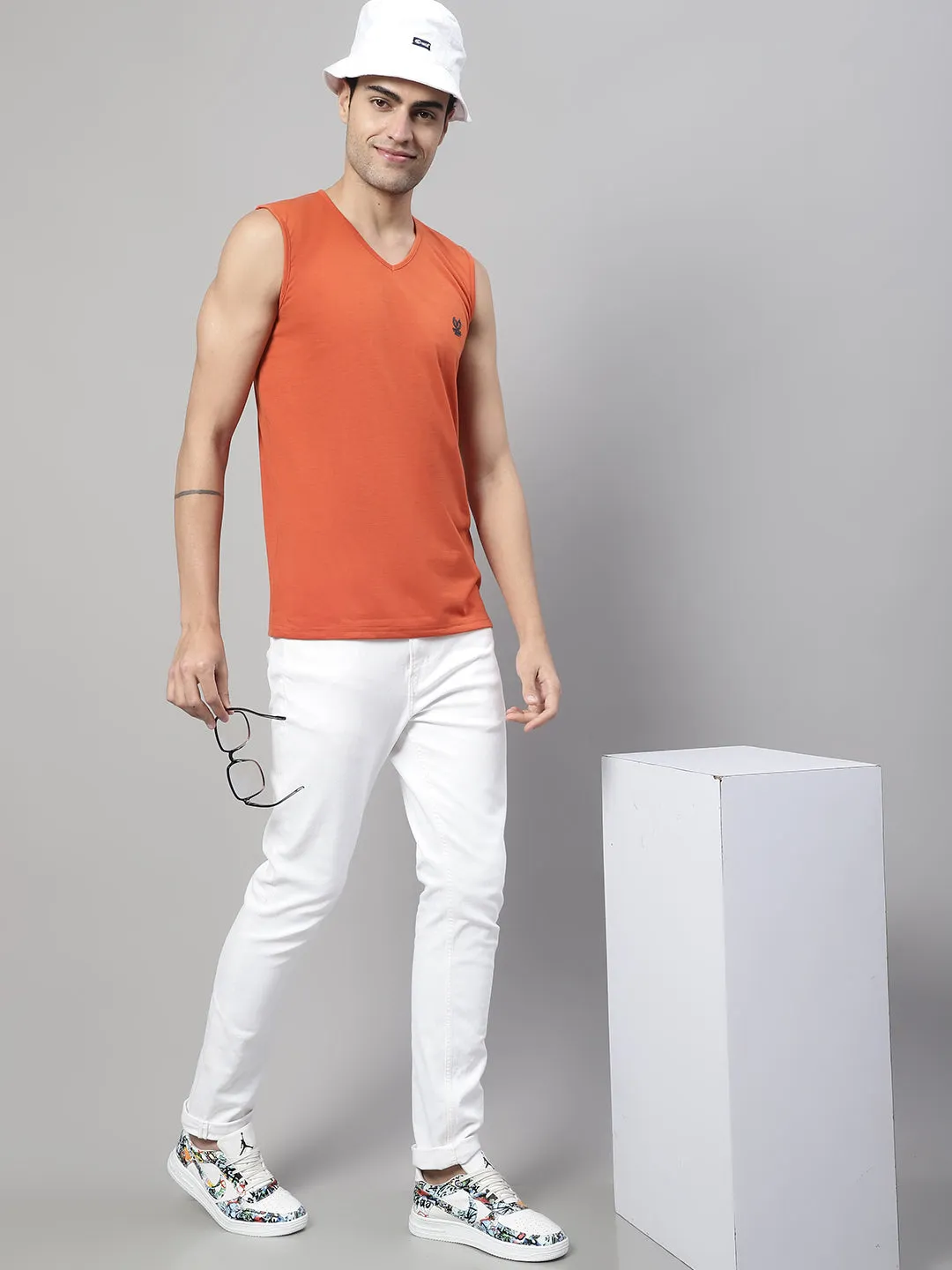 Vimal Jonney Regular Fit Cotton Solid Rust Gym Vest for Men