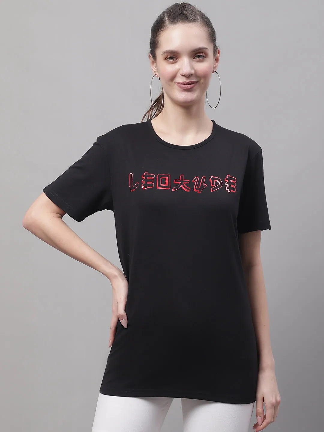 Vimal Jonney Round Neck Cotton Printed Black T-Shirt for Women