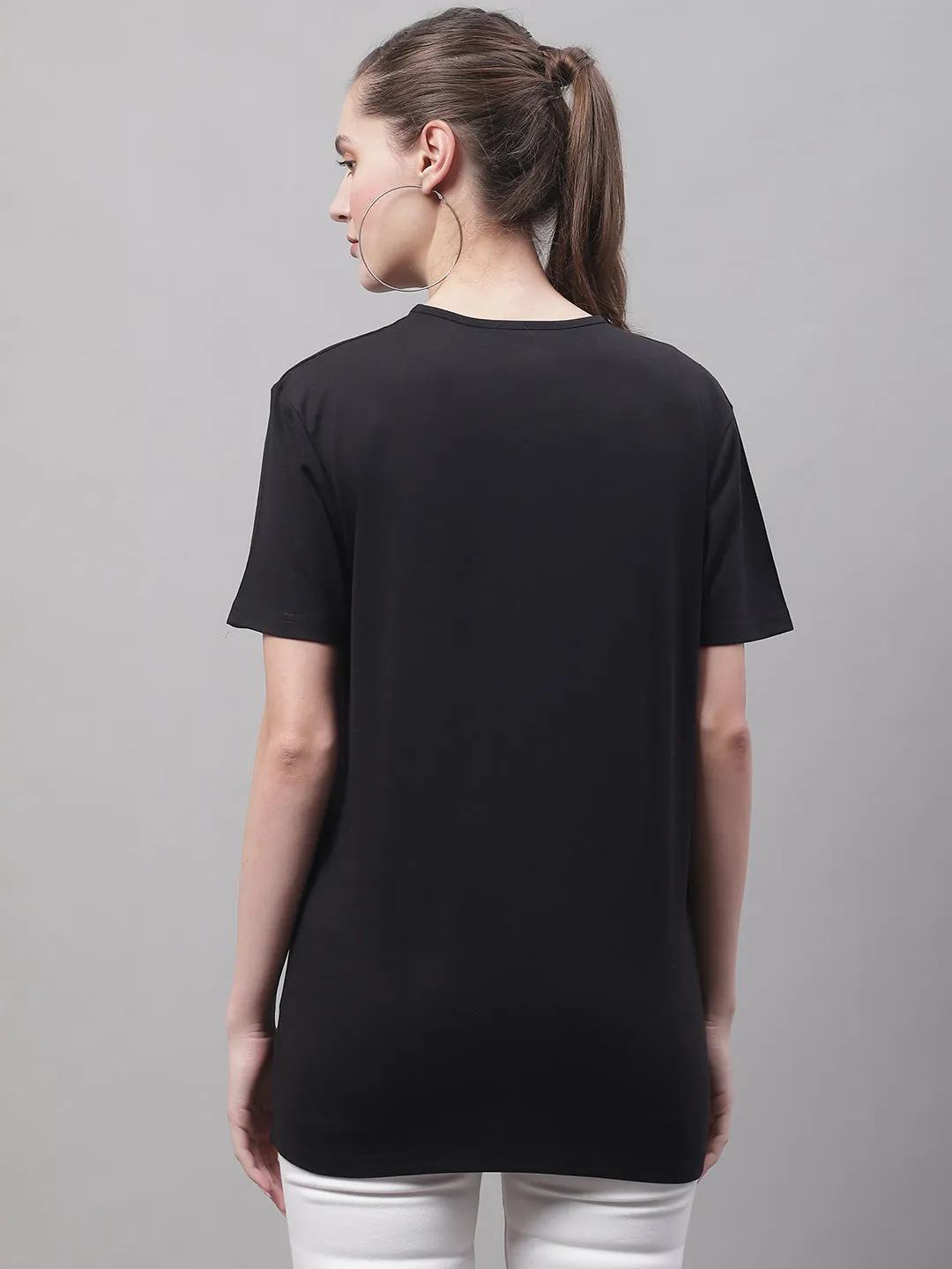 Vimal Jonney Round Neck Cotton Printed Black T-Shirt for Women