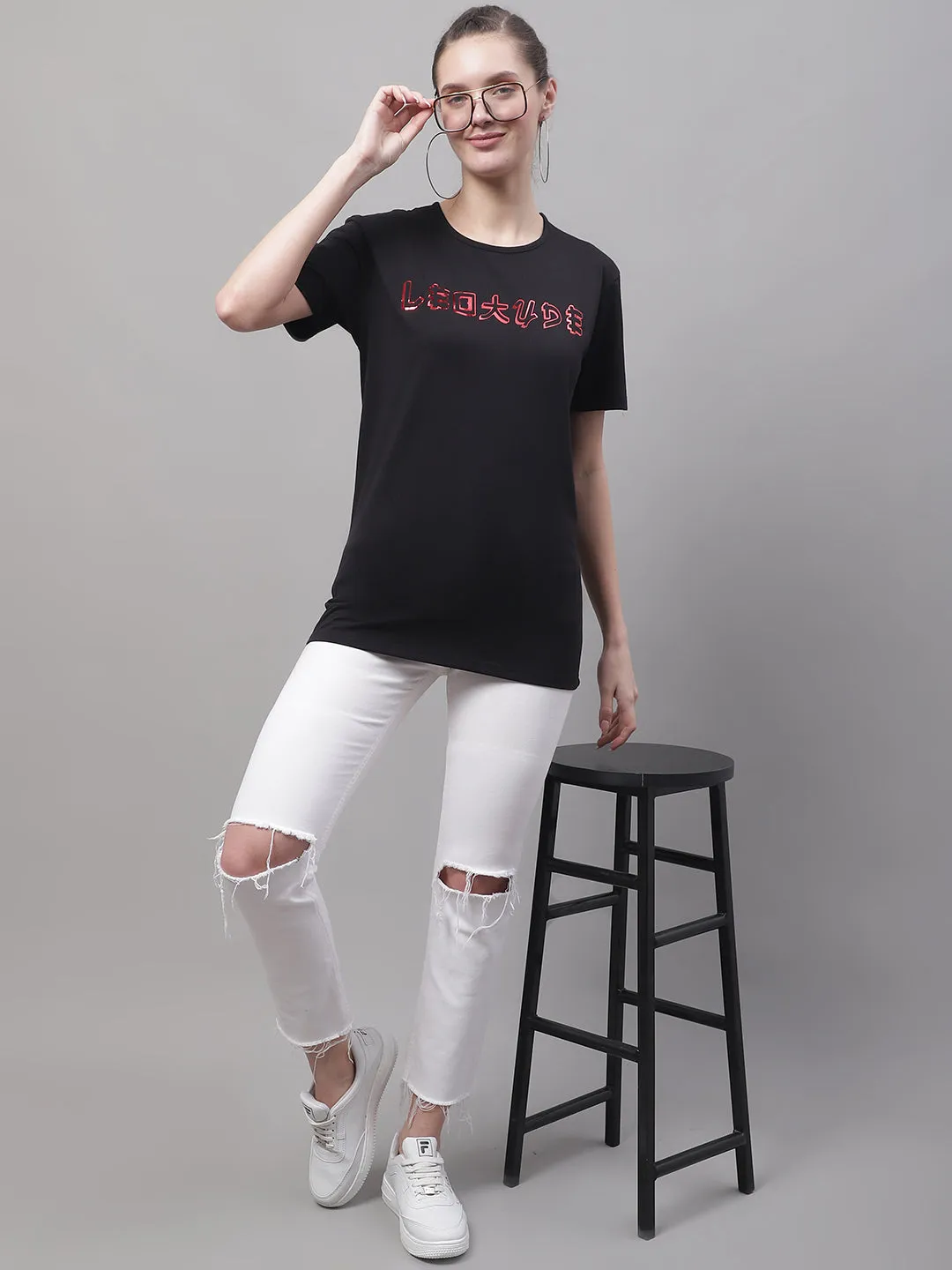 Vimal Jonney Round Neck Cotton Printed Black T-Shirt for Women