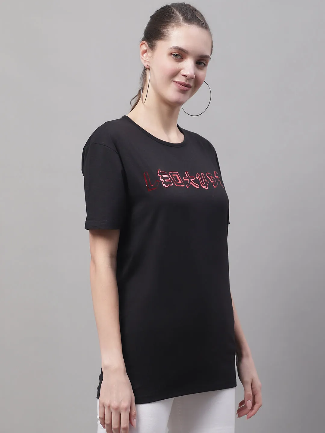 Vimal Jonney Round Neck Cotton Printed Black T-Shirt for Women