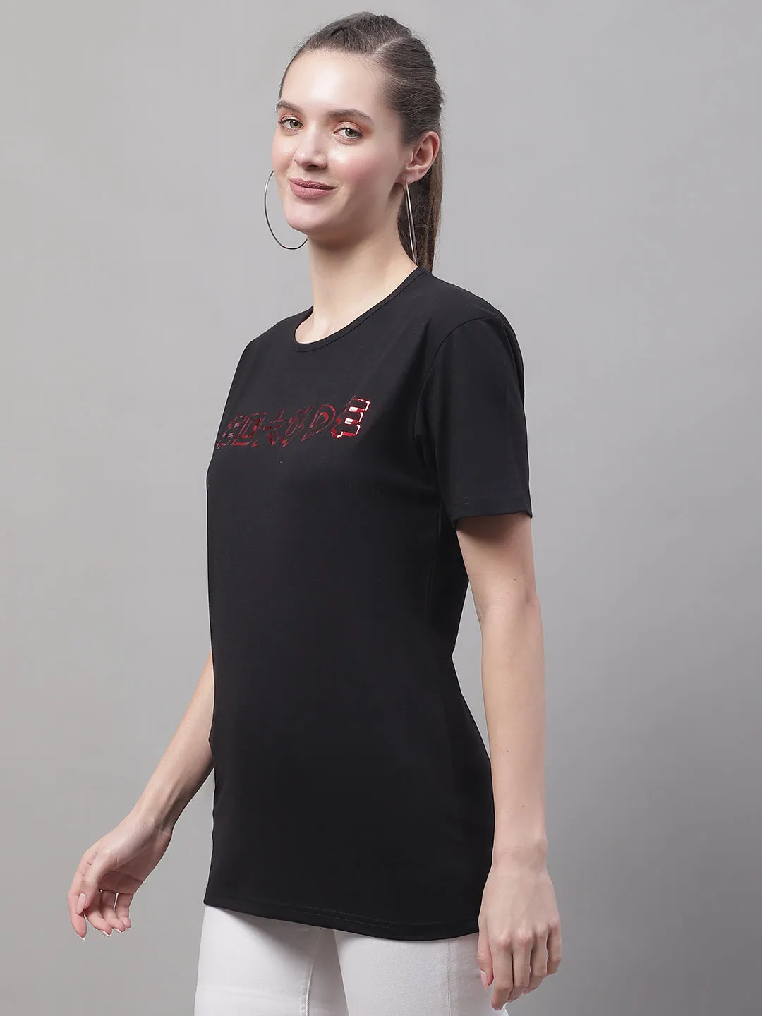 Vimal Jonney Round Neck Cotton Printed Black T-Shirt for Women